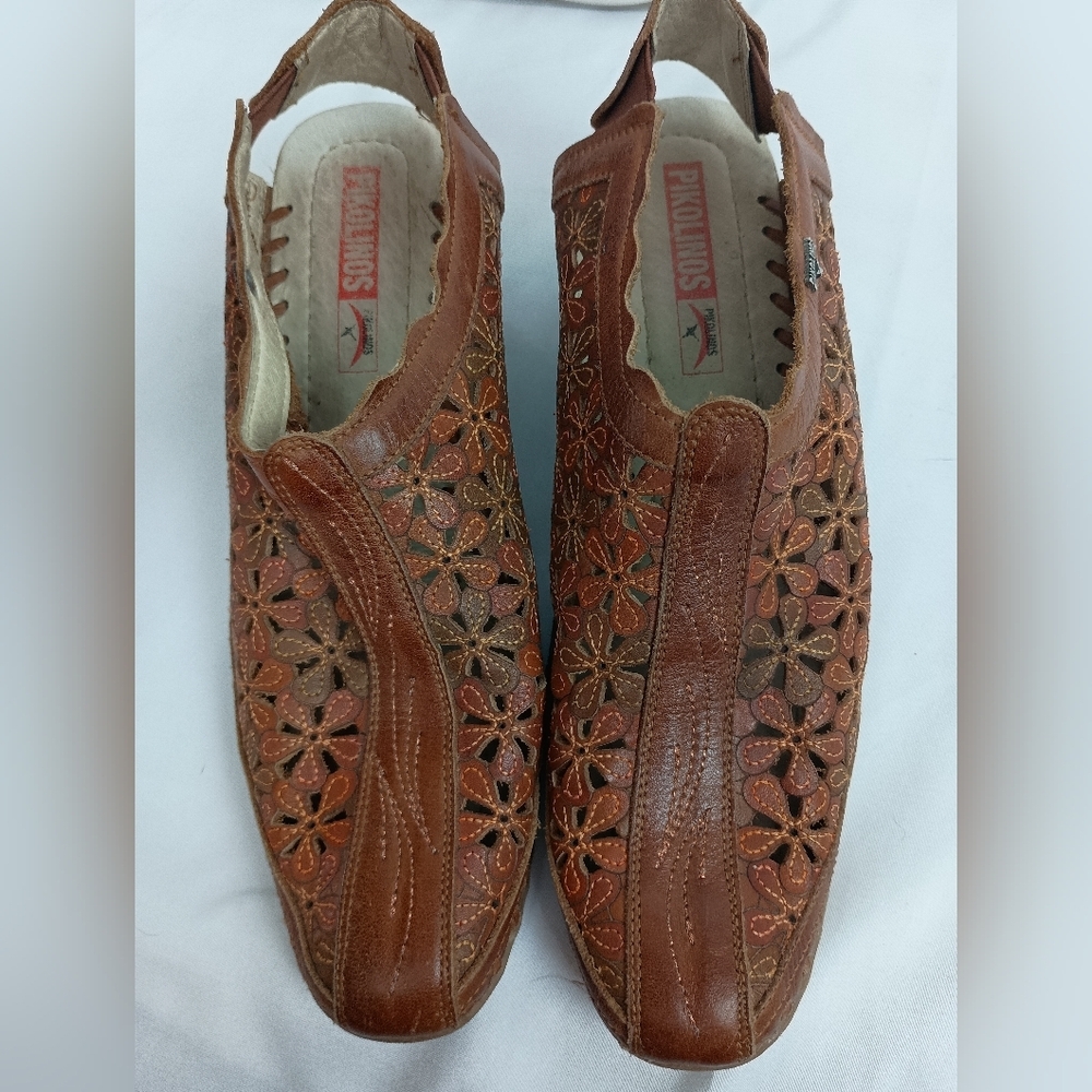 PIKOLINOS Romana Shoes Brown Leather Floral Heels Ankle‎ Booties Vintage-(#120)